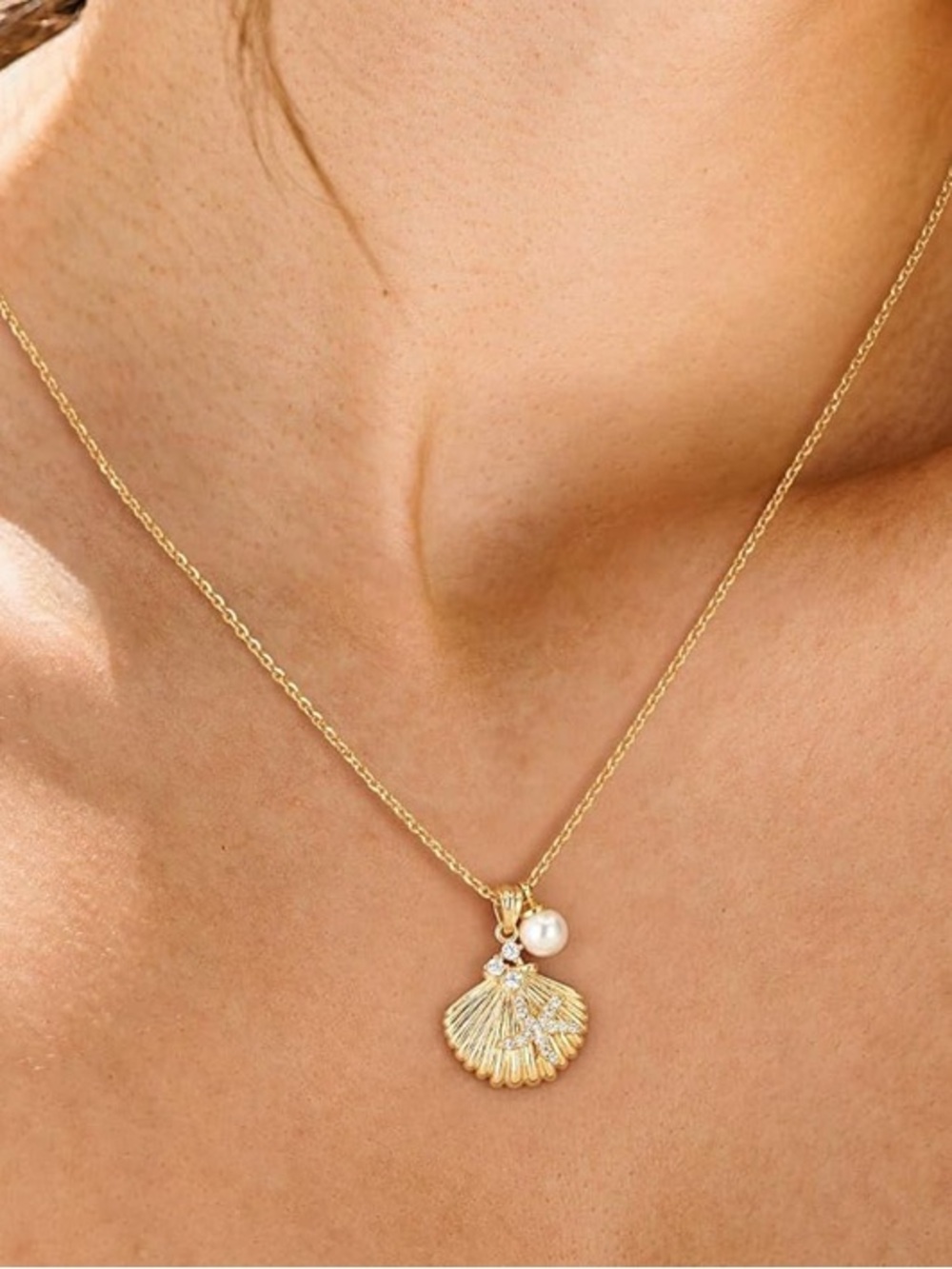 Anthropologie Gold Shell Pendant Necklace with Pearl & Crystal Starfish - Picture 3 of 6